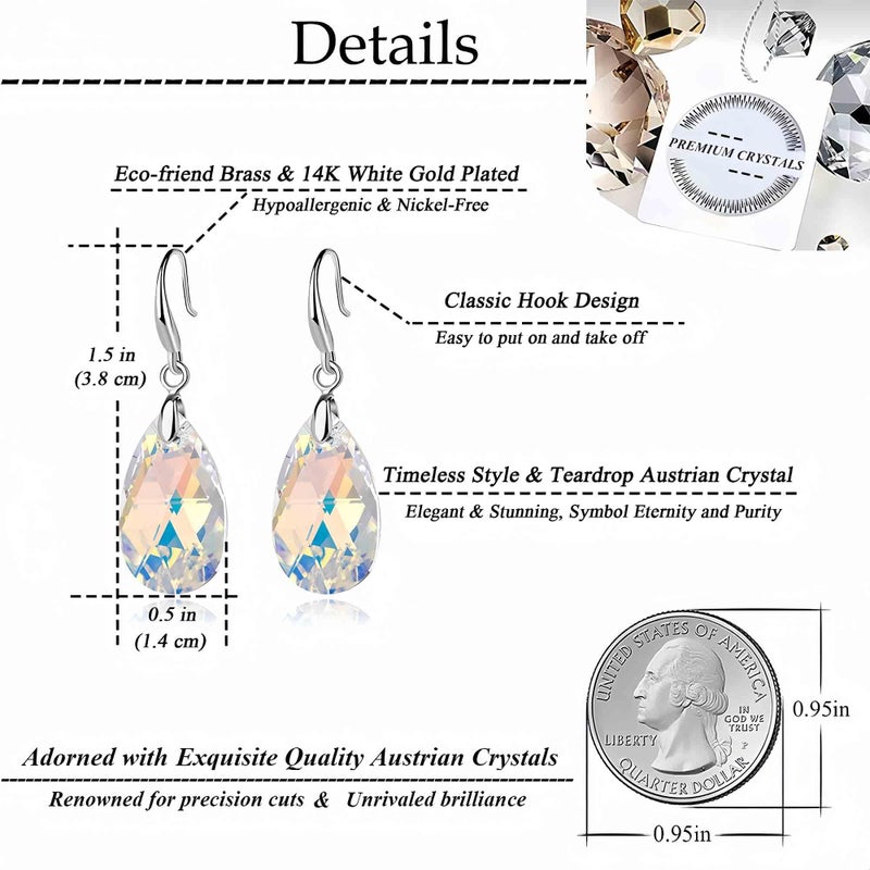EVEVIC Austrian Crystal Teardrop Dangle Hook Earrings for Women 14K Gold Plated Hypoallergenic Jewelry (Aurora Borealis) - Image 4